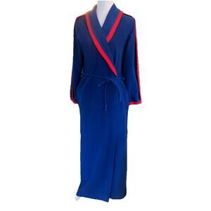 Vintage VASSARETTE Full Length Sz Sm Blue And Red Velour Robe Pockets With Belt
